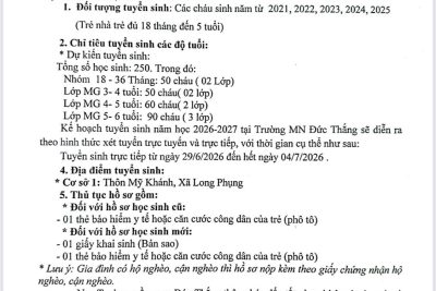 TRƯỜNG MẦM NON ĐỨC THẮNG THÔNG BÁO TUYỂN SINH NĂM HỌC 2026-2027